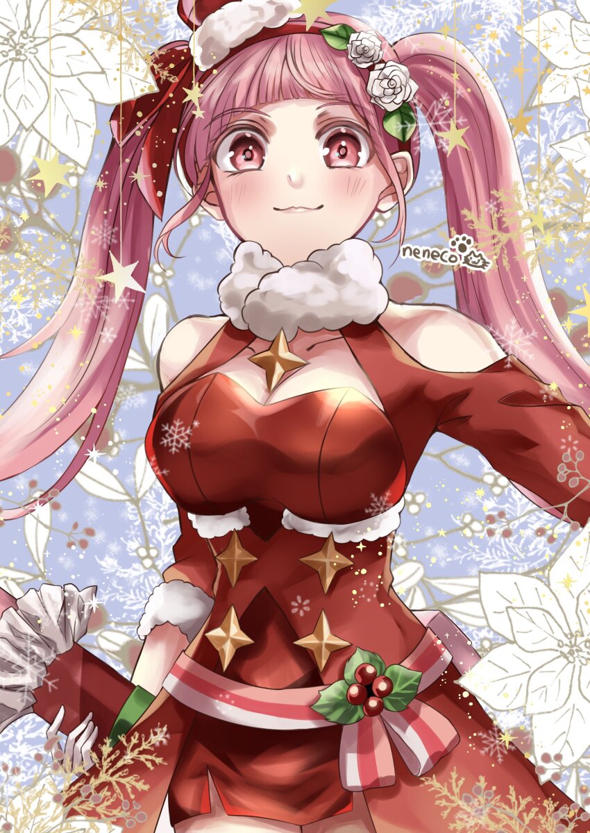 1girl :3 absurdres artist_name belt blush christmas collarbone commentary_request dress fire_emblem fire_emblem:_three_houses fire_emblem_heroes fur_collar hairband highres hilda_valentine_goneril hilda_valentine_goneril_(winter) kokonenecokone lips long_hair looking_at_viewer nintendo official_alternate_costume pink_belt pink_hair pink_lips red_dress red_hairband smile solo twintails very_long_hair