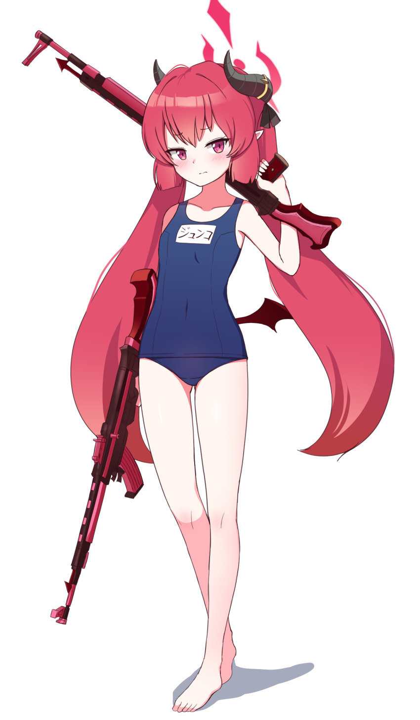 1girl alternate_costume assault_rifle barefoot blue_archive blush character_name closed_mouth collarbone demon_horns demon_wings dual_wielding facing_viewer flat_chest full_body gun halo highres holding holding_gun holding_weapon horns junko_(blue_archive) long_hair looking_away looking_down nanju_bami pink_eyes pointy_ears red_hair rifle school_swimsuit shadow simple_background sleeveless solo standing stg44 swimsuit thighs twintails very_long_hair weapon white_background wings