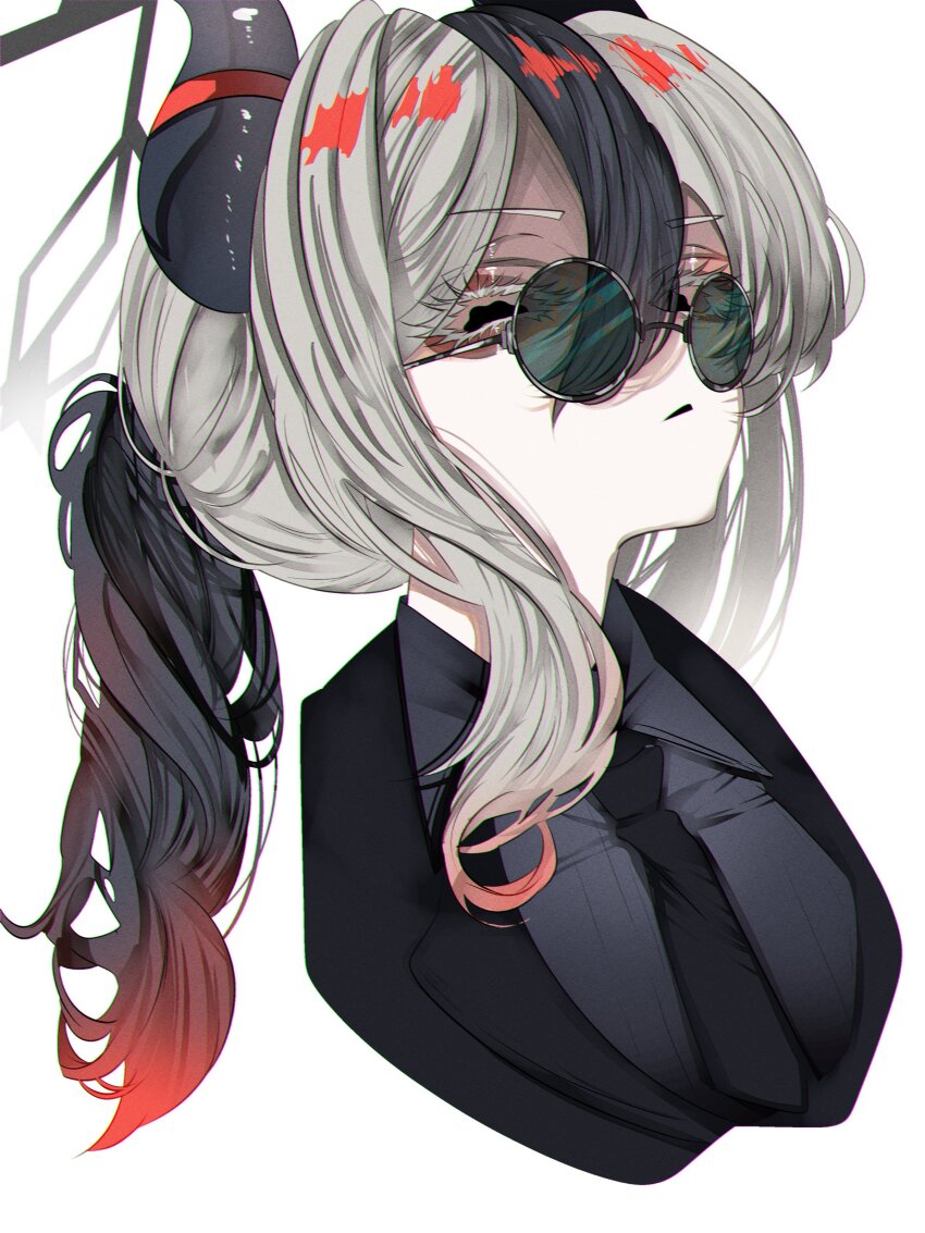 absurdres black_halo black_horns black_suit blue_archive character_request closed_mouth demon_horns formal glass hair_between_eyes halo highres horns looking_at_viewer ponytail suit sunglasses white_background xm_o_n_ox