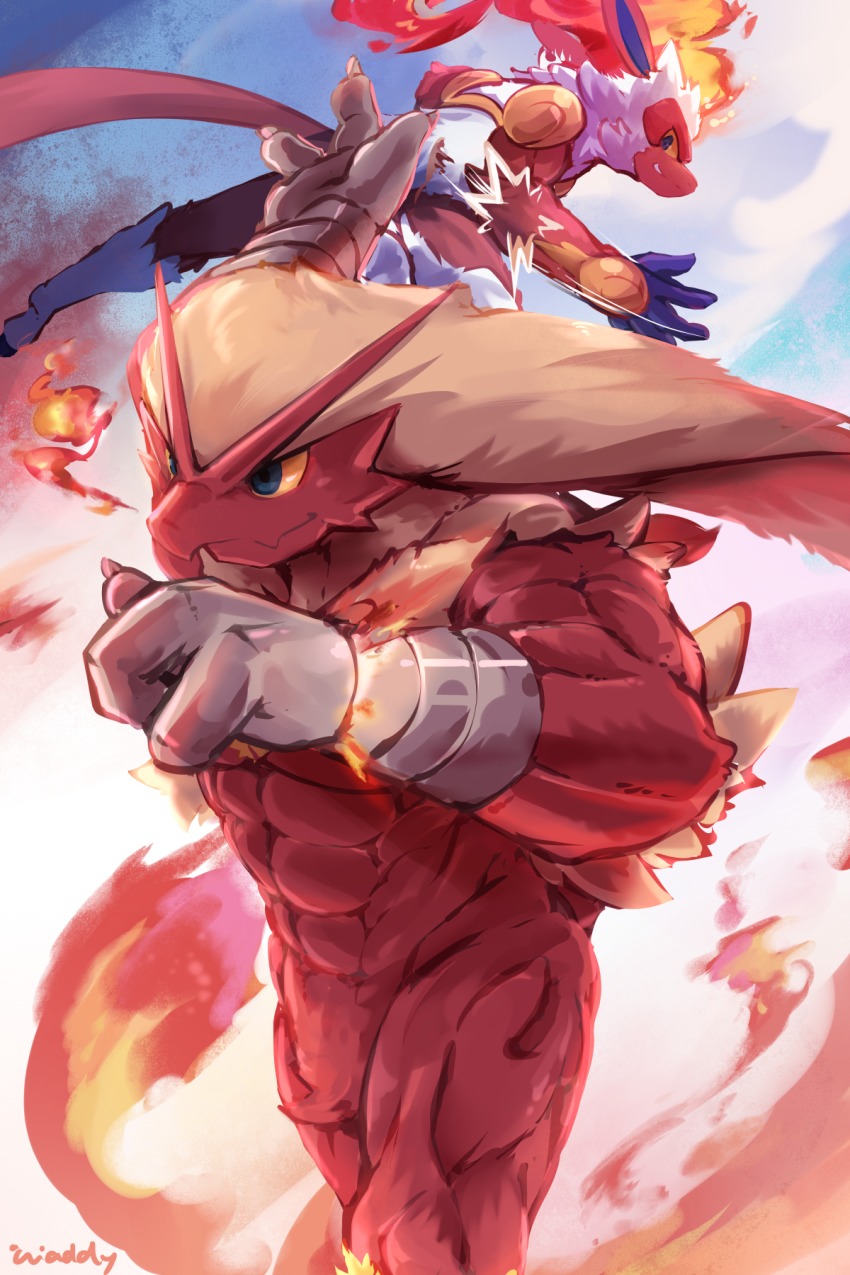 artist_name blaziken blue_eyes creatures_(company) fire furry game_freak gen_3_pokemon gen_4_pokemon happy_new_year high_five highres infernape muscular new_year nintendo pokemon pokemon_(creature) pokemon_dppt pokemon_oras pokemon_rse waddy