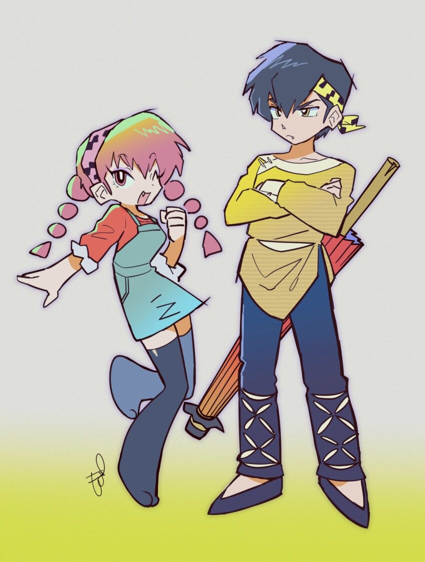 1boy 1girl bandana black_hair closed_mouth crossed_arms fang full_body hair_between_eyes hibiki_ryouga highres one_eye_closed open_mouth poppoco_nn ranma-chan ranma_1/2 red_hair yellow_bandana