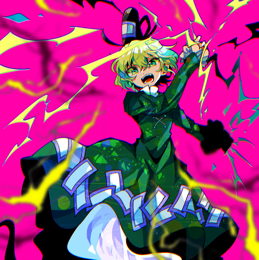 1girl arm_up black_hat blurry collared_dress commentary_request dress electricity frilled_sleeves frills ghost_tail green_dress green_eyes green_hair hat head_tilt highres itomugi-kun ofuda ofuda_on_clothes open_mouth partial_commentary pink_background short_hair soga_no_tojiko solo tate_eboshi teeth touhou