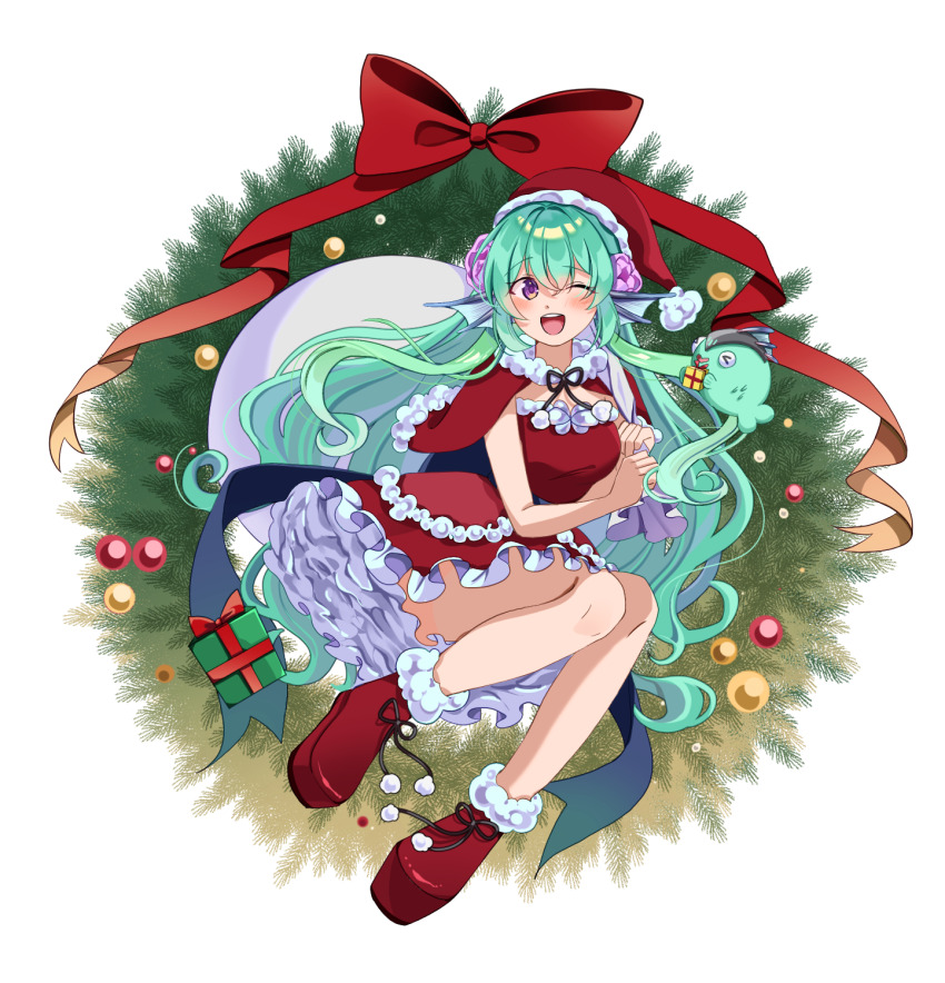 1girl :d aqua_hair blush bow capelet christmas christmas_ornaments christmas_wreath dress finana_ryugu fins flower full_body fur-trimmed_capelet fur-trimmed_dress fur-trimmed_footwear fur-trimmed_headwear fur_trim hair_flower hair_ornament hat head_fins highres kano3 long_hair nijisanji nijisanji_en one_eye_closed open_mouth red_capelet ryuguard_(finana_ryugu) santa_costume santa_dress santa_hat smile very_long_hair virtual_youtuber wreath