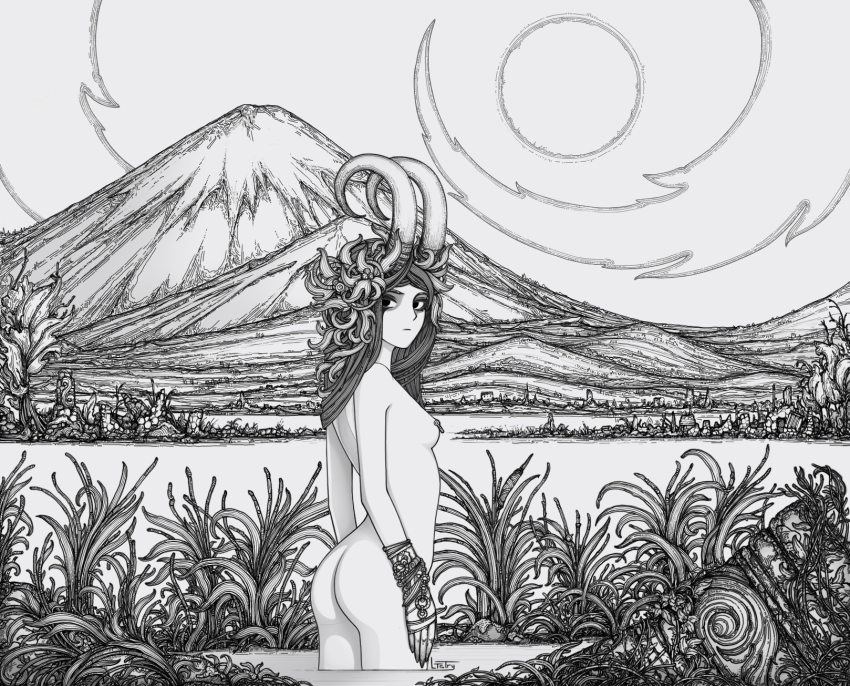 1girl ass breasts copyright_request expressionless grass highres horns looking_at_viewer ltstry monochrome mountain nude sideboob signature small_breasts soaking_feet solo water wide_shot