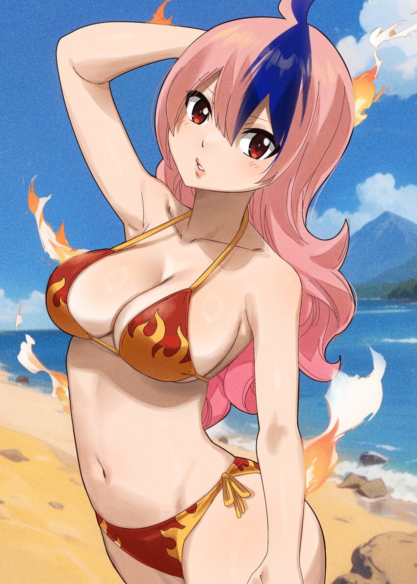 1girl bikini blue_hair breasts cleavage colorized dead_rock freyr_(dead_rock) gaston18 highres large_breasts long_hair looking_at_viewer mashima_hiro multicolored_hair navel pink_hair red_eyes solo swimsuit two-tone_hair