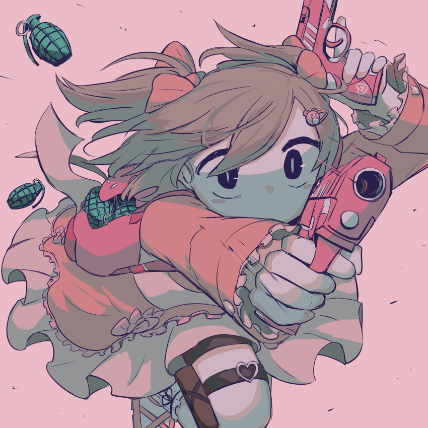 1girl absurdres aiming aiming_at_viewer aiming_up avogado6 bear_hair_ornament belt black_eyes blonde_hair bow brown_straps buckle commentary dress english_commentary explosive floating_hair frilled_jacket frilled_sleeves frills grenade gun hair_bow hair_ornament hairclip heart heart-shaped_buckle heart_print highres holding holding_gun holding_weapon holster jacket kawaii_girl_(avogado6) long_sleeves no_mouth original pink_background pink_bow pink_jacket pink_shoes red_belt ribbon running shaded_face shoes short_hair simple_background slit_pupils solo swept_bangs thigh_holster thigh_strap two_side_up weapon white_dress white_ribbon