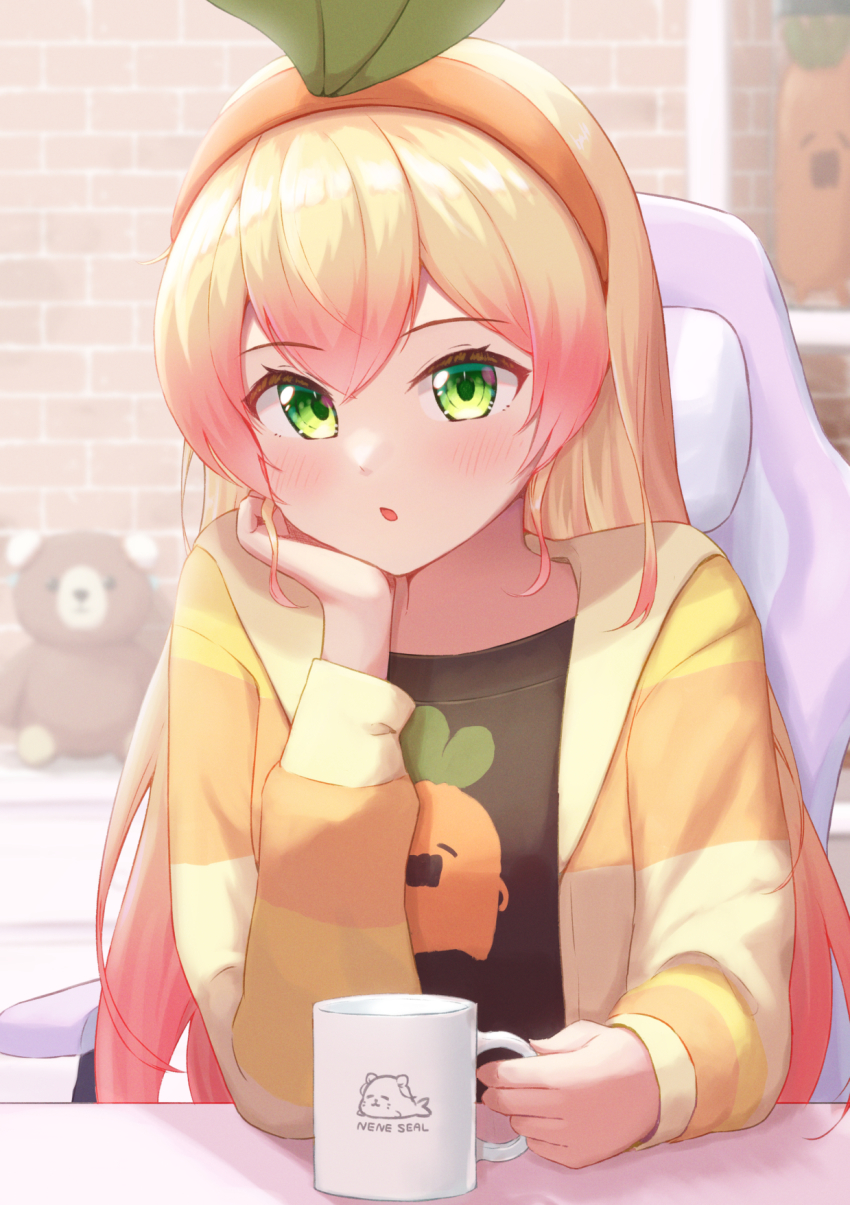 1girl :o blonde_hair blush character_print coffee_mug cup elbows_on_table green_eyes hairband head_rest highres holding holding_cup hololive hood hooded_jacket jacket long_hair loungewear momosuzu_nene momosuzu_nene_(seal) mug nekko_(momosuzu_nene) open_clothes open_jacket orange_hairband orange_jacket solo straight_hair striped_clothes striped_jacket surprised typho virtual_youtuber