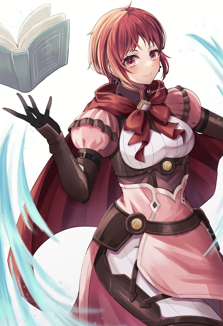 1girl absurdres blush book breasts cape closed_mouth dress fire_emblem fire_emblem:_three_houses fire_emblem_heroes fire_emblem_warriors:_three_hopes highres long_hair long_sleeves looking_at_viewer monica_von_ochs nintendo official_alternate_costume official_alternate_hairstyle red_eyes red_hair reia_hana short_hair simple_background smile solo upper_body