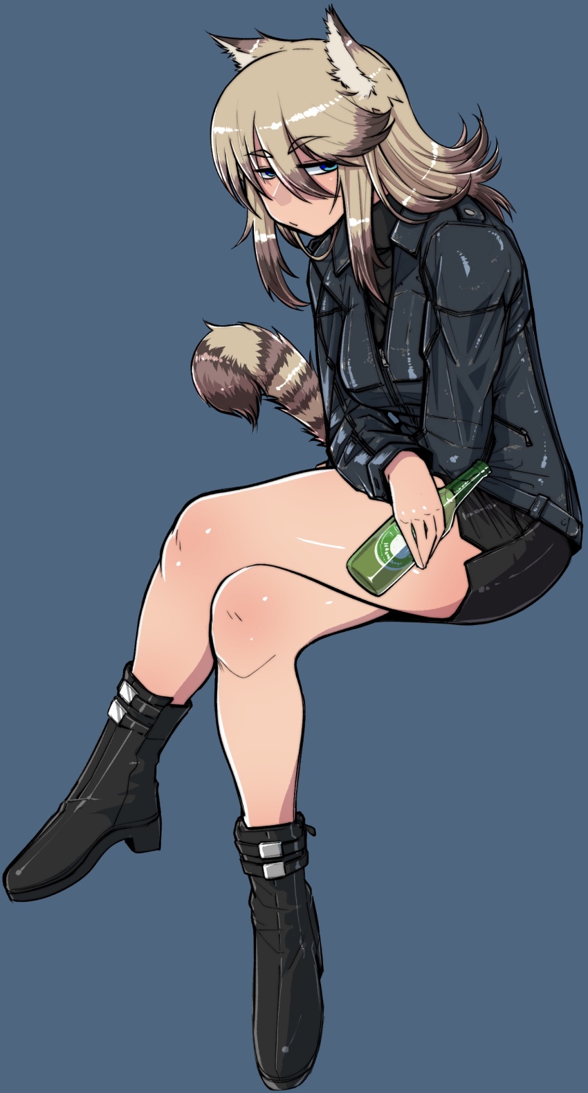 1girl absurdres alcohol animal_ears beer beer_bottle blonde_hair blue_eyes brown_hair cb_(c-board) crossed_legs highres holding invisible_chair jacket leather leather_jacket long_hair multicolored_hair original short_shorts shorts simple_background sitting solo tail two-tone_hair