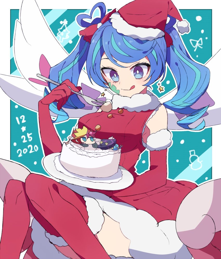 1girl :q alternate_costume aqua_hair blue_angel_(yu-gi-oh!) blue_eyes blue_hair bright_pupils cake christmas closed_mouth commentary dated dress earrings elbow_gloves facial_mark food fork fujiki_yusaku fur-trimmed_dress fur-trimmed_legwear fur_collar fur_trim gloves hair_ribbon hat heart heart_hair highres holding holding_fork holding_plate jewelry multicolored_hair nanashiba_(banntlla) outline outside_border plate playmaker_(yu-gi-oh!) red_dress red_gloves red_hat red_ribbon red_thighhighs ribbon santa_dress santa_gloves santa_hat sitting sleeveless sleeveless_dress smile solo star_(symbol) star_earrings streaked_hair swept_bangs thighhighs tongue tongue_out twintails white_outline white_pupils wings yu-gi-oh! yu-gi-oh!_vrains zaizen_aoi