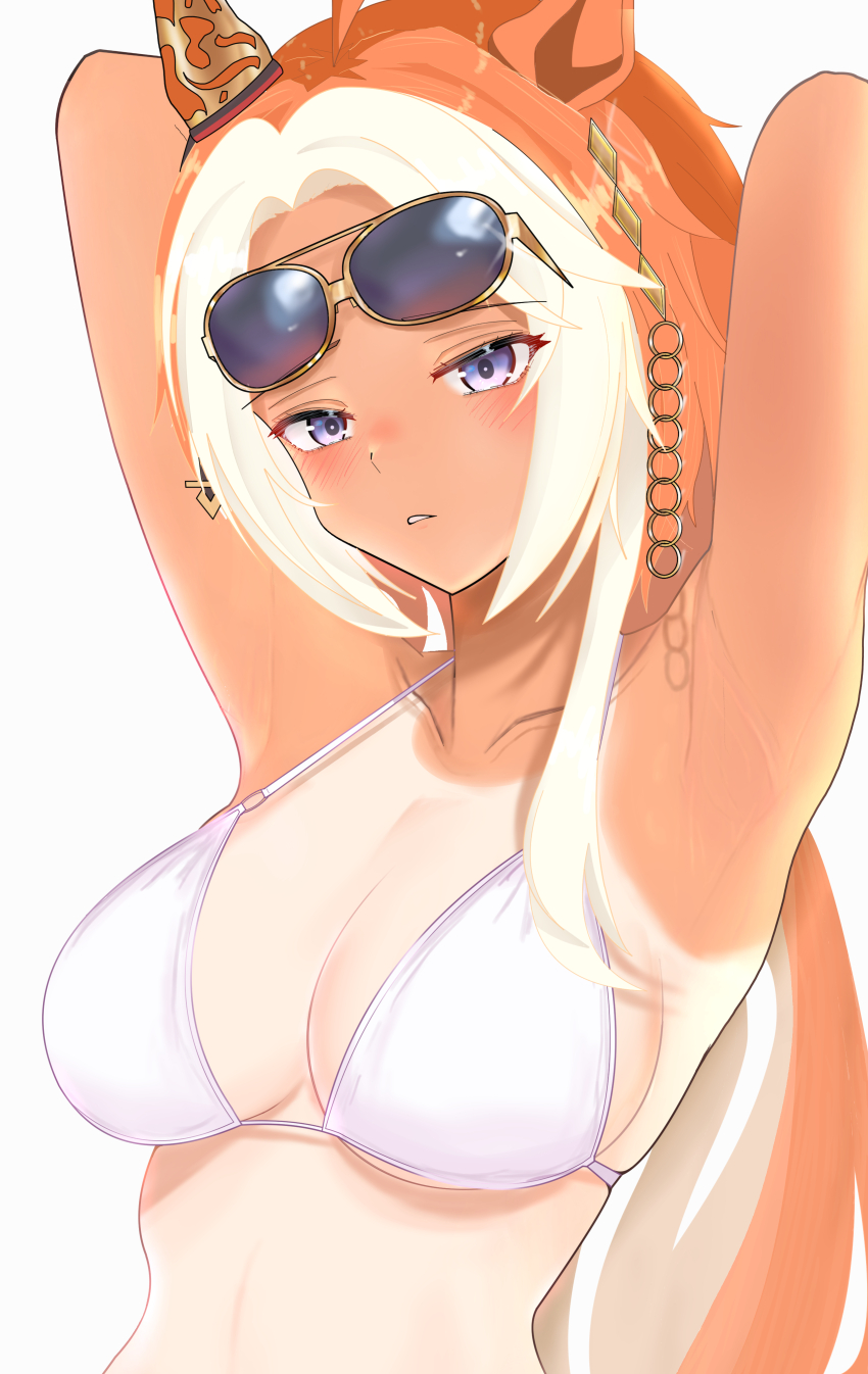 1girl absurdres alternate_costume animal_ears armpits arms_up bikini blush breasts brown_hair commentary_request dark_skin ear_covers ear_ornament eyewear_on_head hair_ornament highres horse_ears horse_girl long_hair looking_at_viewer medium_breasts midori_(user_uctn2277) multicolored_hair orfevre_(umamusume) parted_lips purple_eyes simple_background single_ear_cover solo streaked_hair sunglasses swimsuit tan tanline umamusume very_long_hair white_background white_bikini white_hair