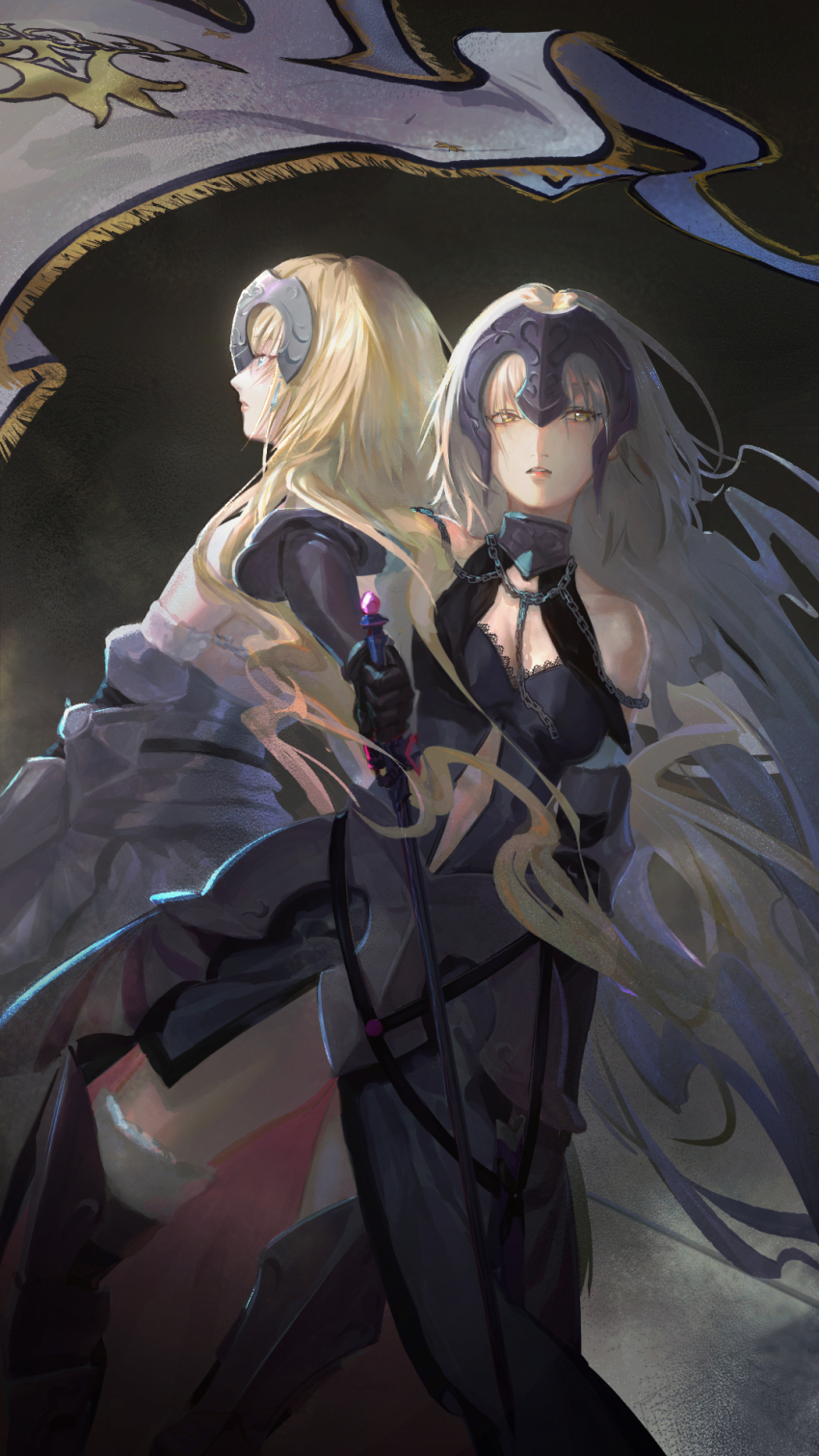 2girls armor armored_dress back-to-back bare_shoulders black_dress black_gloves blonde_hair blue_eyes breasts chain cleavage clothing_cutout dress elbow_gloves fate/grand_order fate_(series) faulds fur_trim gauntlets gloves headpiece highres holding jeanne_d&#039;arc_(fate) jeanne_d&#039;arc_(ruler)_(fate) jeanne_d&#039;arc_(third_ascension)_(fate) jeanne_d&#039;arc_alter_(avenger)_(fate) jeanne_d&#039;arc_alter_(avenger)_(third_ascension)_(fate) jeanne_d&#039;arc_alter_(fate) kkia long_hair looking_at_viewer medium_breasts multiple_girls parted_lips standard_bearer sword thighhighs very_long_hair weapon white_hair yellow_eyes