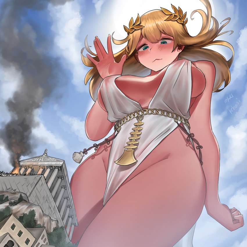 1girl :3 artist_name blonde_hair blue_eyes blush breasts building day female_focus giant giantess greco-roman_clothes highres kkasi00 large_breasts laurel_crown legs_together long_hair looking_down no_panties original outdoors pelvic_curtain roman_clothes see-through_clothes smoke temple thighs waving