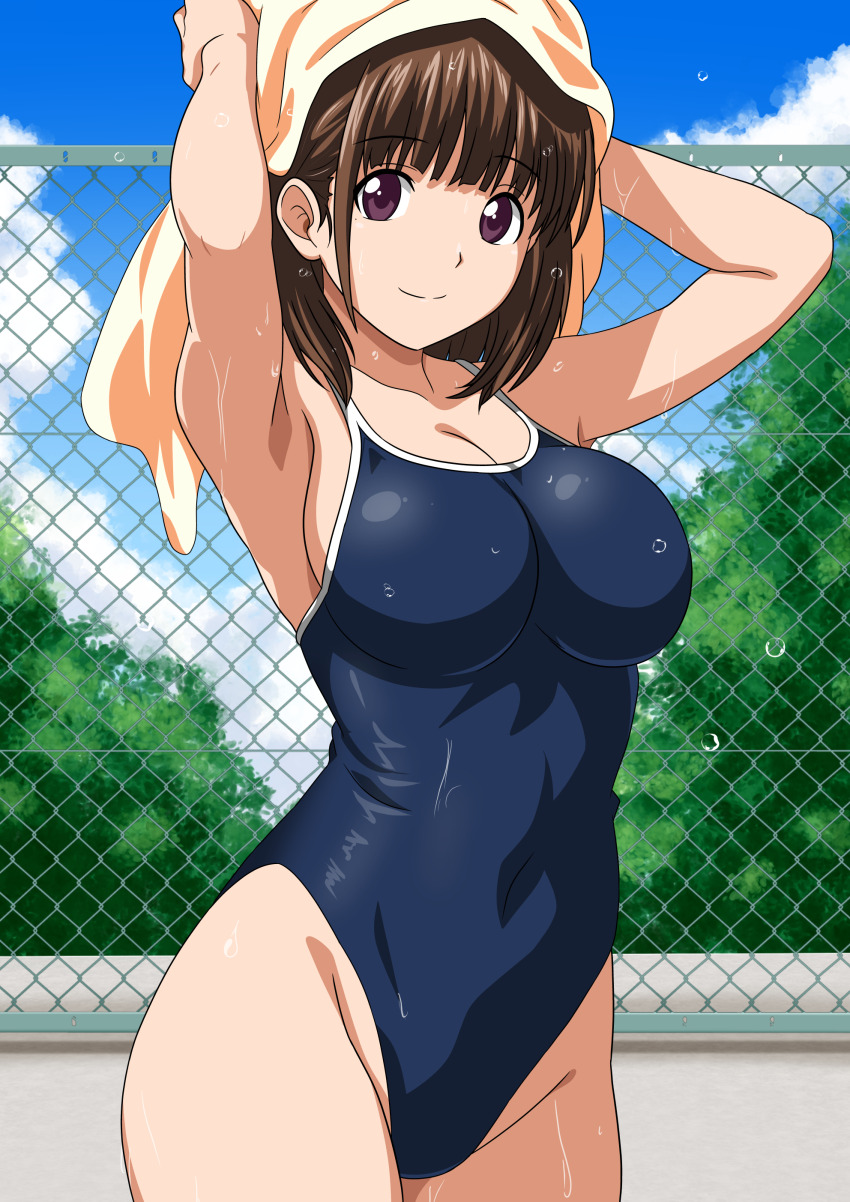 1girl absurdres anegasaki_nene anime_coloring blue_one-piece_swimsuit blue_sky breasts brown_eyes brown_hair chain-link_fence cloud commentary_request competition_school_swimsuit covered_navel cowboy_shot day fence highleg highleg_one-piece_swimsuit highres large_breasts love_plus one-piece_swimsuit outdoors school_swimsuit short_hair sky smile solo swimsuit towel towel_on_head wet wet_clothes wet_swimsuit yuuyuu_(3jjbn)