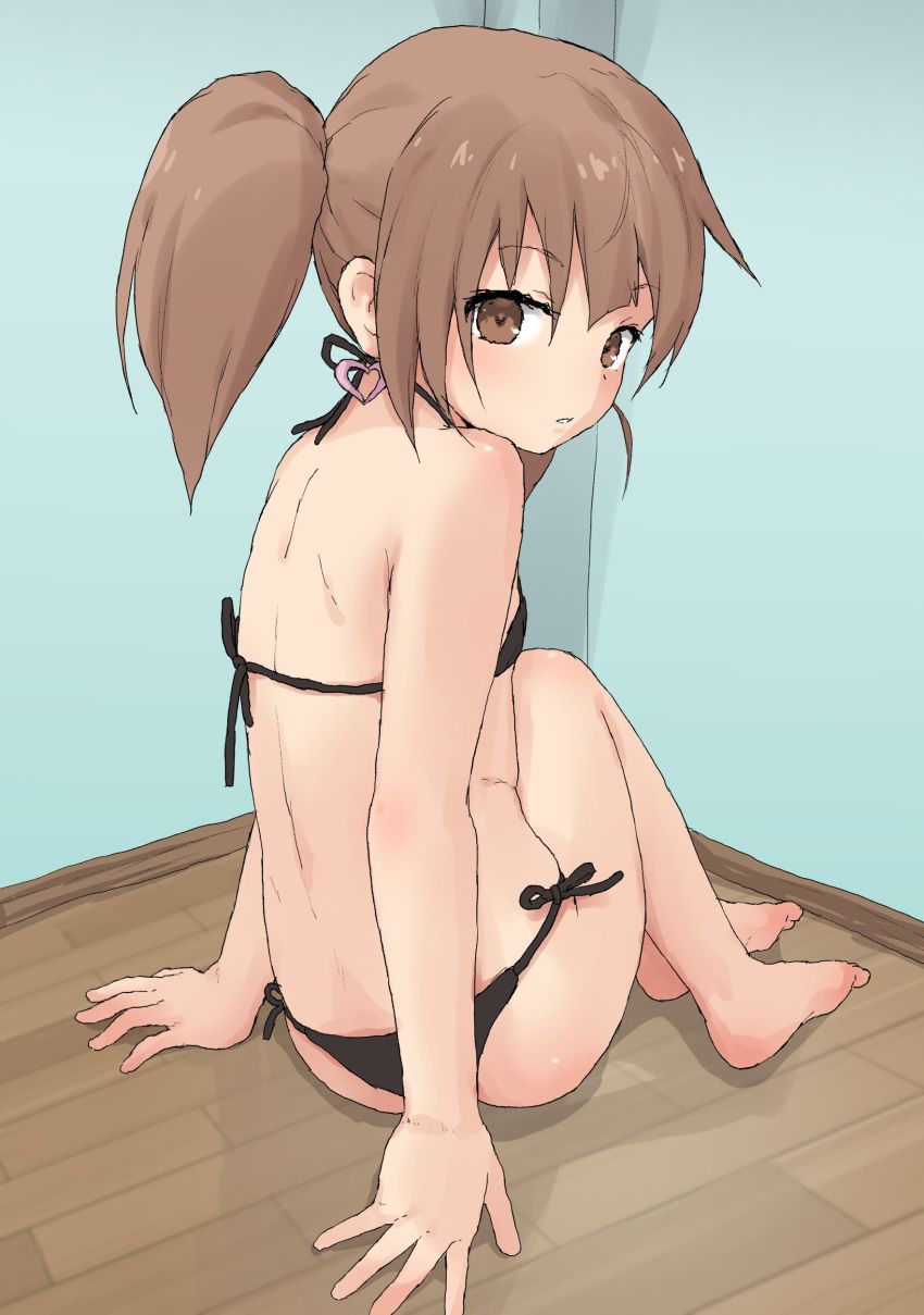 1girl absurdres arm_support ass back bare_arms bare_legs bare_shoulders barefoot bikini black_bikini brown_eyes brown_hair commentary_request earrings hair_between_eyes heart heart_earrings highres jewelry long_hair looking_at_viewer looking_back on_floor original parted_lips renga_(yakihebi) short_twintails side-tie_bikini_bottom sidelocks sitting solo swimsuit twintails wooden_floor yakihebi