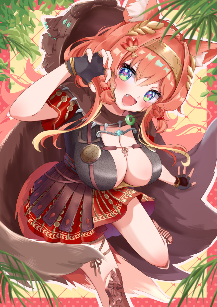 1girl absurdres animal_ear_fluff animal_ears armor black_gloves blue_eyes breasts cleavage diamond-shaped_pupils diamond_(shape) fang fingerless_gloves gloves gold_headband hair_ornament highres jewelry large_breasts laurels mimo_(mimo_illust) mozumi_pichi mozumi_pichi_(roman) necklace open_mouth orange_hair pink_pupils plant red_tunic roman_armor second-party_source solo symbol-shaped_pupils tunic v-dere virtual_youtuber wolf_ears wolf_girl