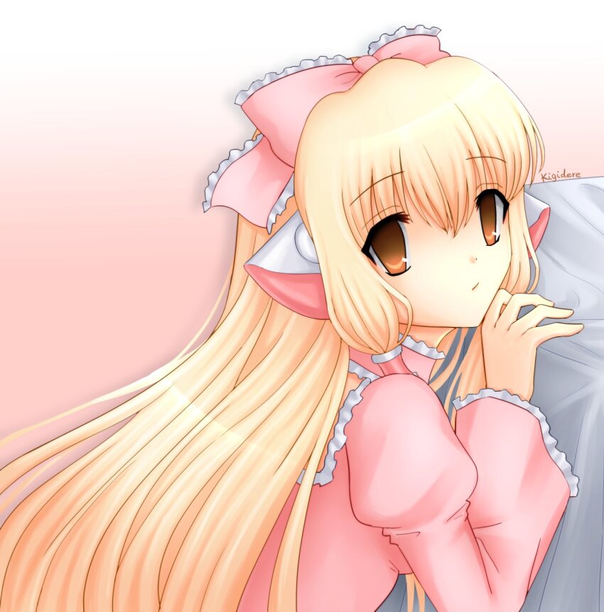 1girl blonde_hair breasts brown_eyes chii chobits closed_mouth dress frilled_dress frilled_ribbon frills hair_ribbon highres kigidere long_hair long_sleeves looking_at_viewer pink_dress pink_ribbon ribbon robot_ears solo