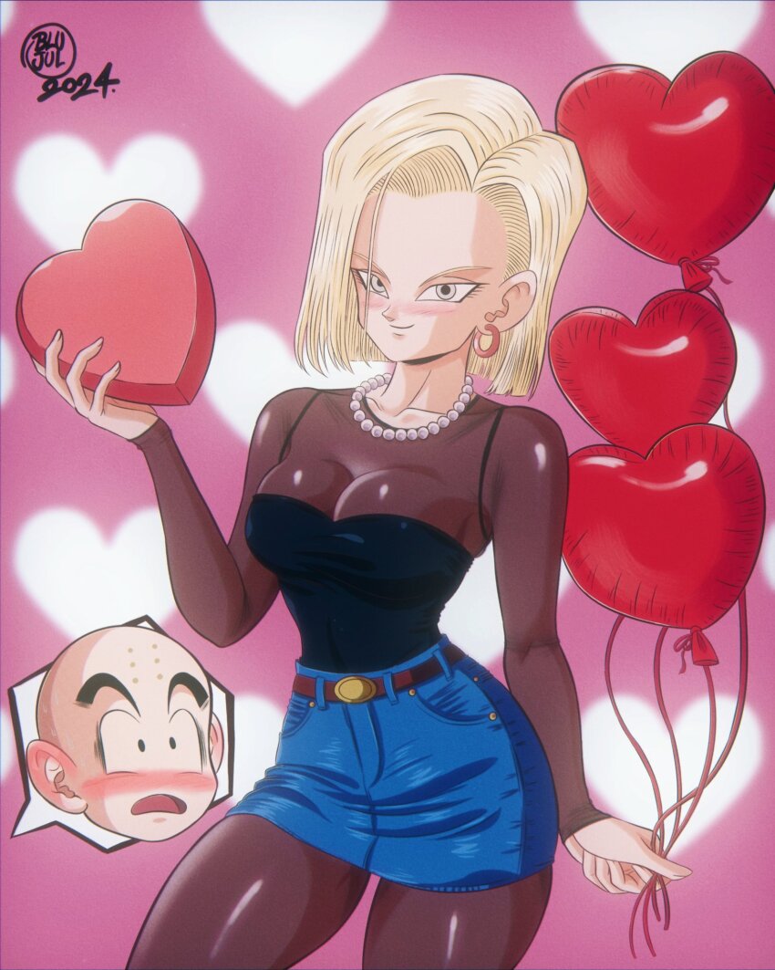 1boy 1girl android_18 bald bald_male blonde_hair blush breasts couple date dragon_ball happy heart highres kuririn smile surprised tagme thick_thighs thighs