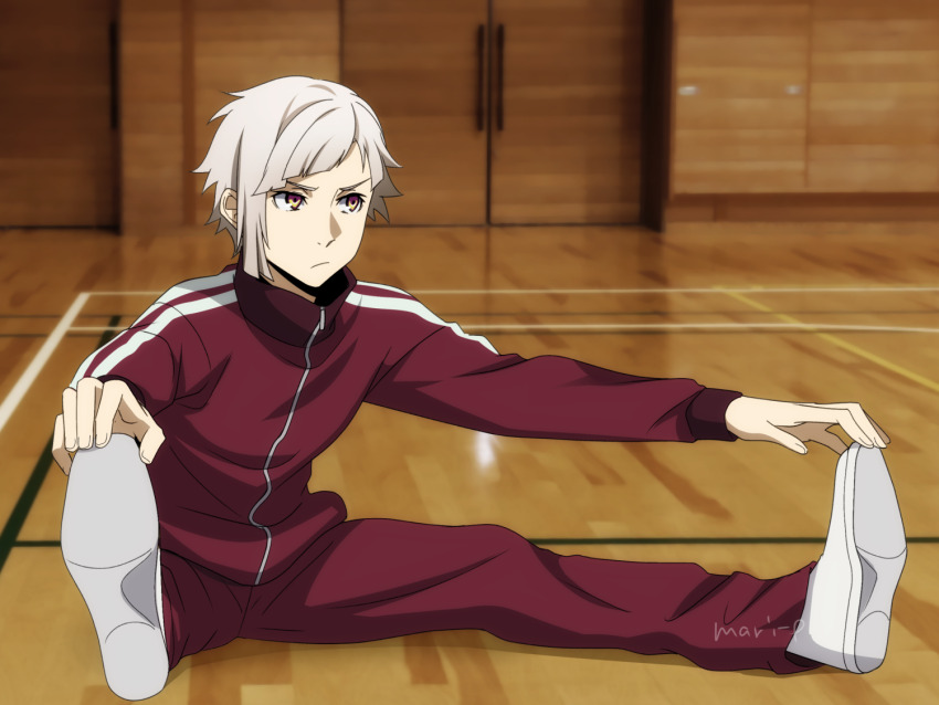 1boy bungou_stray_dogs closed_mouth full_body grey_hair looking_to_the_side mari_(marimaripink) nakajima_atsushi_(bungou_stray_dogs) solo sportswear stretching twitter_username yellow_eyes