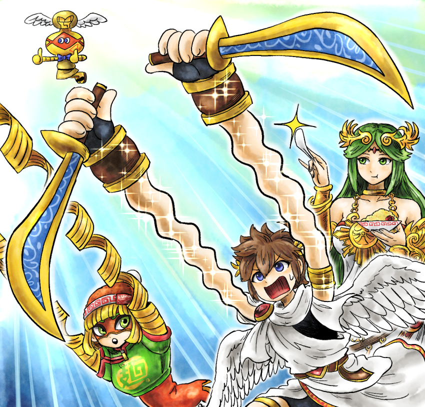 2girls angel angel_wings arms_(game) blonde_hair blue_eyes brown_hair circlet cobushii_(arms) collarbone food green_eyes green_hair kicdon kid_icarus kid_icarus_uprising knit_hat long_arms min_min_(arms) multiple_girls nintendo noodles open_mouth palutena palutena_bow_(kid_icarus) pit_(kid_icarus) pom_pom_(clothes) ramen sparkle super_smash_bros. thumbs_up wings