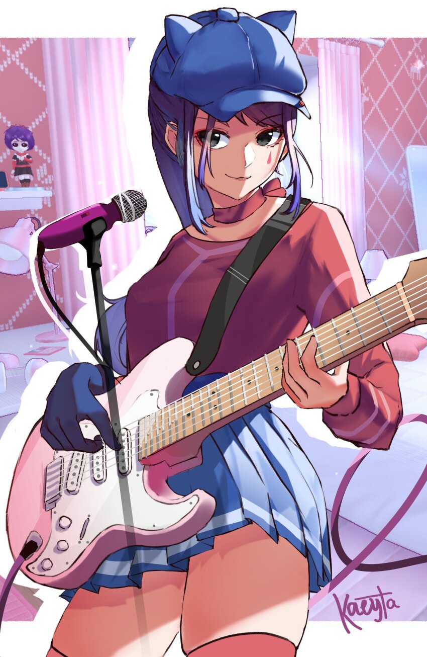 1girl absurdres animal_ear_headwear animal_ears artist_name bed blue_gloves blue_hair blue_hat blue_skirt breasts commentary cool_mita_(miside) curtains electric_guitar facial_tattoo fake_animal_ears figure gloves grey_eyes guitar hat headphones highres indoors instrument kirigayawin lamp long_hair long_sleeves microphone microphone_stand miside pleated_skirt red_thighhighs screenshot_background sidelocks single_glove skirt small_breasts smile solo table tattoo teardrop_tattoo thighhighs very_long_hair