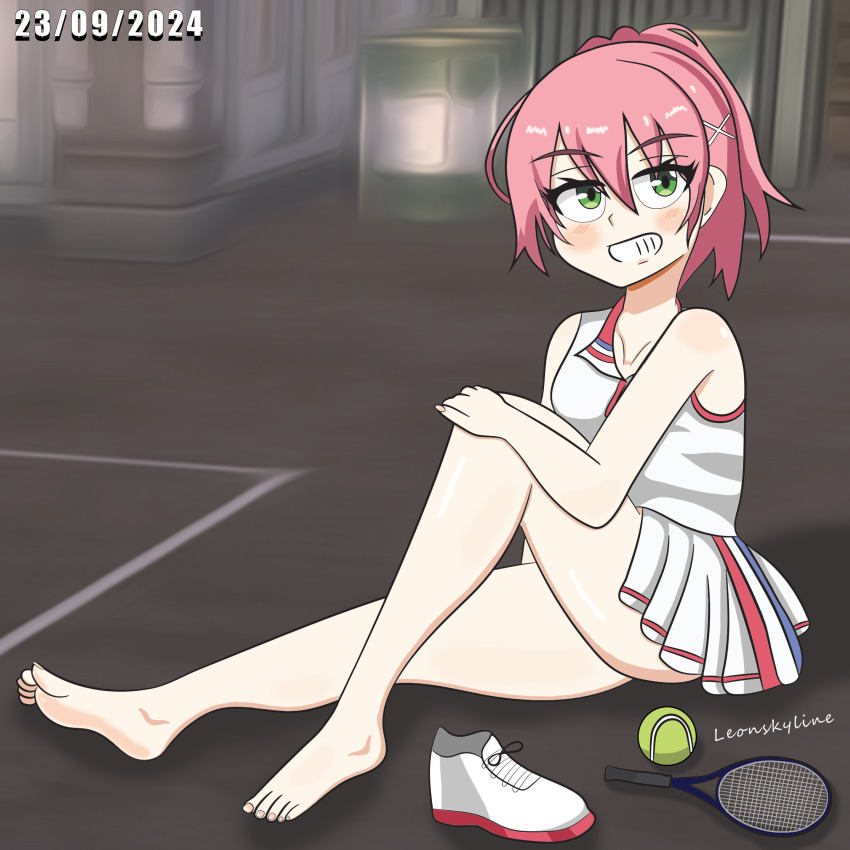 absurdres ball barefoot blush eiyuu_densetsu feet green_eyes hair_ornament hairpin highres juna_crawford legs pink_hair ponytail racket sen_no_kiseki sen_no_kiseki_(series) sen_no_kiseki_iii shoes smug smug_smile sportswear tennis tennis_ball tennis_dress tennis_racket tennis_shoes tennis_uniform thighs unworn_shoes