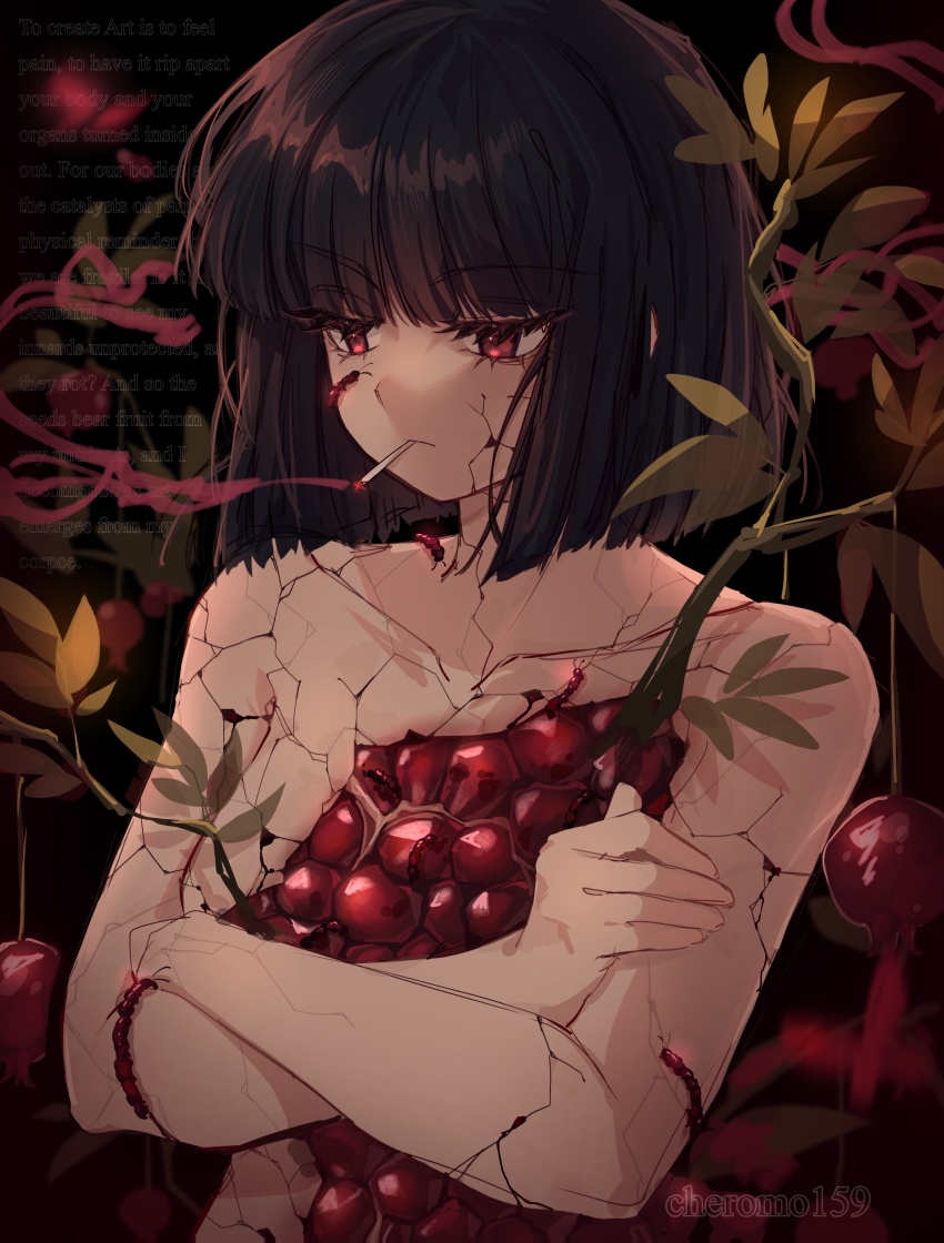 1girl absurdres black_hair blunt_bangs bob_cut bug centipede cheromo159 cigarette closed_mouth colored_smoke cracked_skin crossed_arms food fruit highres leaf limbus_company looking_at_another pomegranate project_moon red_eyes ryoshu_(project_moon) short_hair sidelocks smoke smoking solo