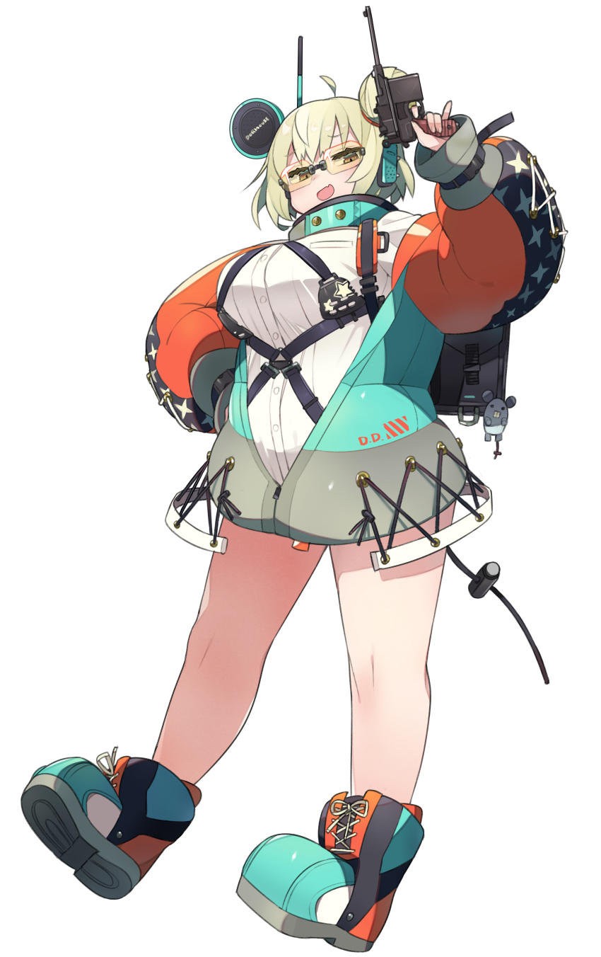 1girl absurdres ahoge backpack bag blonde_hair boots breasts brown_eyes buttons chest_harness cross-laced_clothes cross-laced_footwear cross-laced_top ear_protection fang finger_on_trigger full_body gun hair_bun hand_on_own_hip handgun harness highres holding holding_gun holding_weapon jacket kometsubu large_breasts long_sleeves mauser_c96 open_clothes open_jacket original safety_glasses shirt short_hair simple_background single_hair_bun skin_fang solo tinted_eyewear underbust weapon white_background white_shirt wrist_belt