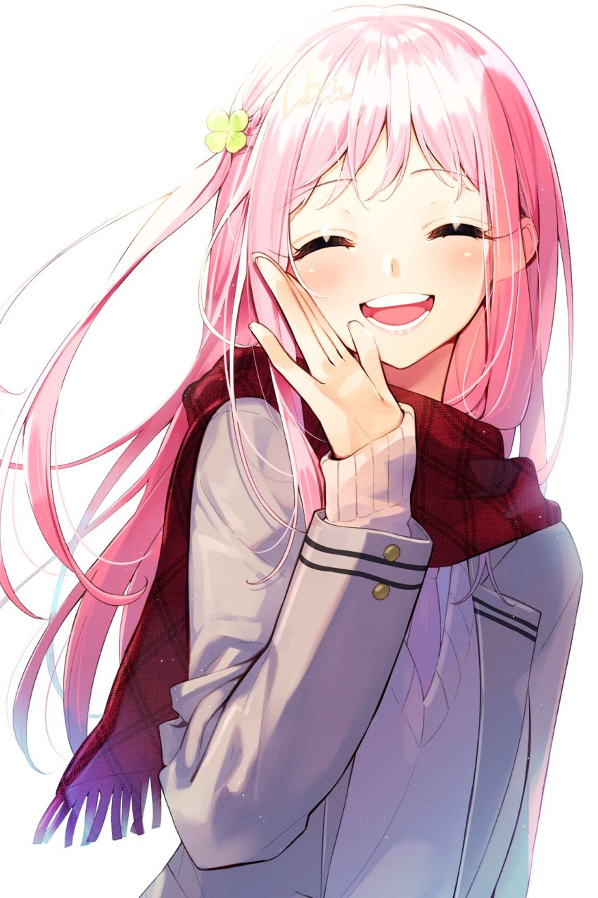 1girl closed_eyes clover clover_hair_ornament hair_ornament highres jacket long_hair necktie open_clothes open_jacket open_mouth original pink_hair red_scarf sakuragi_ren scarf school_uniform simple_background solo teeth waving white_background