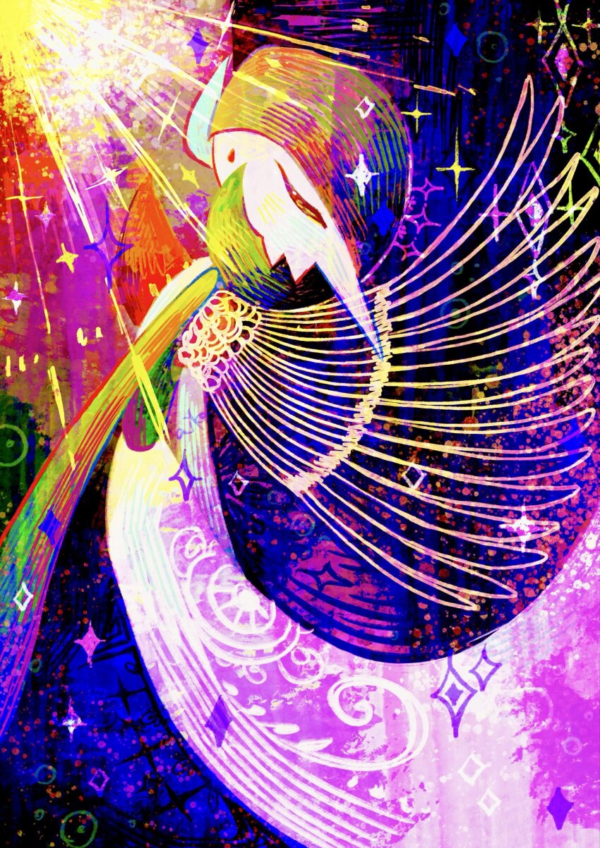 abstract closed_eyes creatures_(company) feathered_wings full_body game_freak gardevoir gen_3_pokemon highres light_particles light_rays looking_up multicolored_background nintendo no_humans otonoha_aika pokemon pokemon_(creature) sparkle sparkling_aura wings