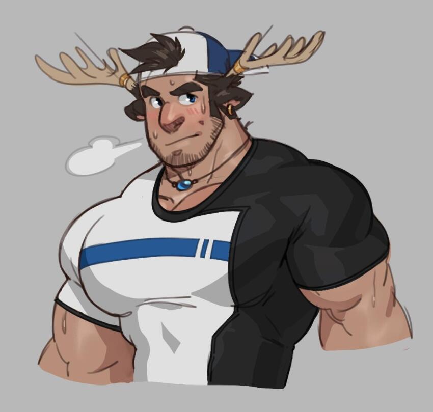 1boy animal_ears antlers backwards_hat bara baseball_cap beard beard_stubble blue_eyes blush brown_hair cheschirebacon cropped_torso dark-skinned_male dark_skin facial_hair goat_boy goat_ears goat_horns hat horn_ornament horn_ring horns large_pectorals looking_at_viewer looking_to_the_side male_focus mature_male meme moose_antlers muscular muscular_male original pectorals puff_of_air ralph_(cheschirebacon) sanpaku shirt short_hair sideburns snout solo stubble t-shirt thick_eyebrows tight_clothes tight_shirt two-tone_shirt v-taper