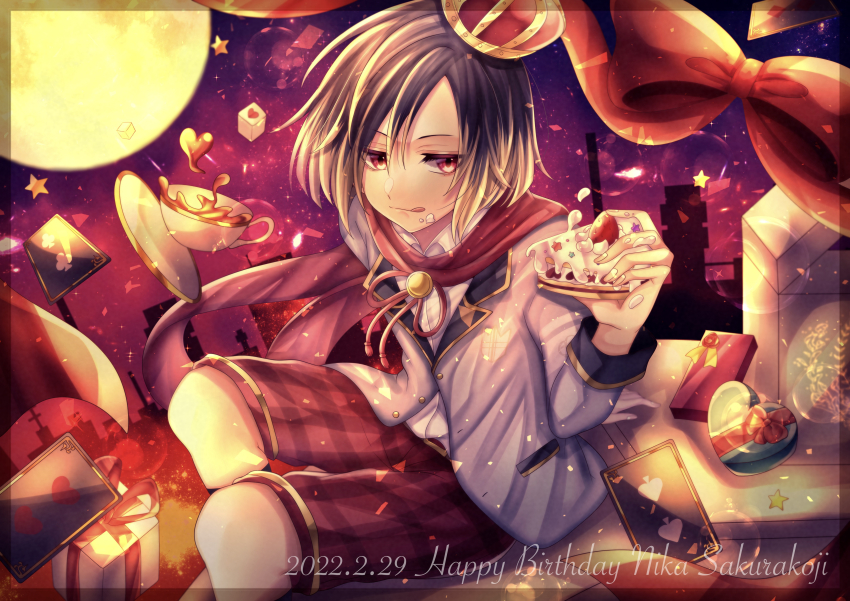 1boy absurdres androgynous blonde_hair brown_hair cake character_name child clock_over_orquesta crown dated facing_viewer food happy_birthday highres holding holding_cake holding_food icing looking_at_viewer male_focus mesi2_mesia mini_crown multicolored_hair red_eyes sakurakoji_nika solo tongue tongue_out