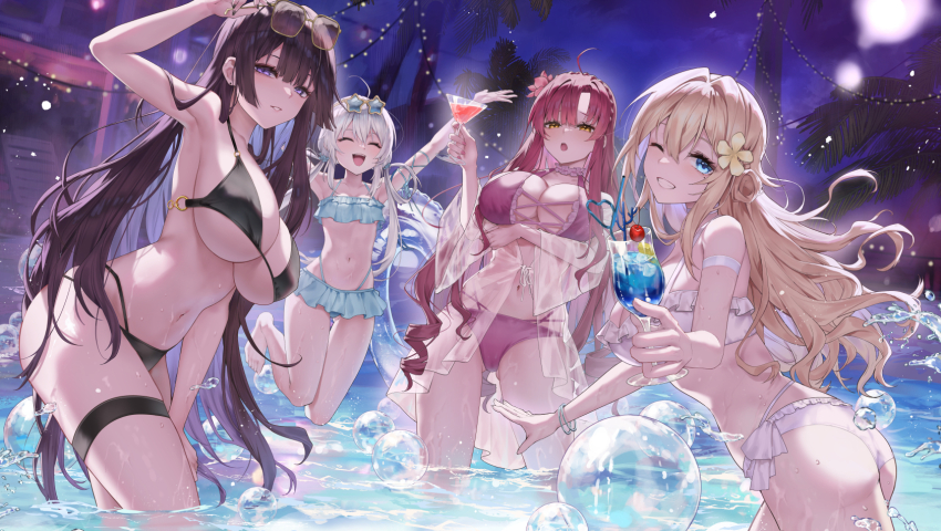 4girls arm_under_breasts bikini black_bikini black_hair blonde_hair blue_bikini breasts cup drinking_glass eyewear_on_head fang_qiao flower frilled_bikini frills grin hair_flower hair_ornament highres holding holding_cup huge_breasts large_breasts long_hair looking_at_viewer multiple_girls navel night night_sky one_eye_closed original outdoors pool purple_eyes red_hair sky small_breasts smile sunglasses swimsuit thigh_strap water white_bikini white_hair yellow_eyes