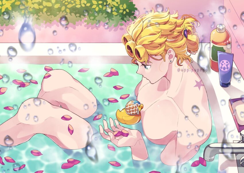 1boy aqua_eyes bath bathtub blonde_hair earrings giorno_giovanna guido_mista jewelry jojo_no_kimyou_na_bouken male_focus muscular muscular_male nude petals rubber_duck shampoo_bottle short_hair soap solo uppi vento_aureo water