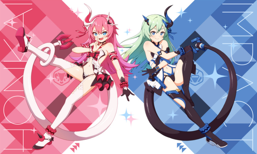 2girls :d bare_shoulders black_footwear black_gloves blue_eyes blue_hair boots full_body gloves hair_between_eyes hair_ornament highres honkai_(series) honkai_impact_3rd horns liliya_olenyeva long_hair multiple_girls navel open_mouth pink_hair rozaliya_olenyeva single_glove single_horn sizque smile thigh_boots thighhighs white_footwear