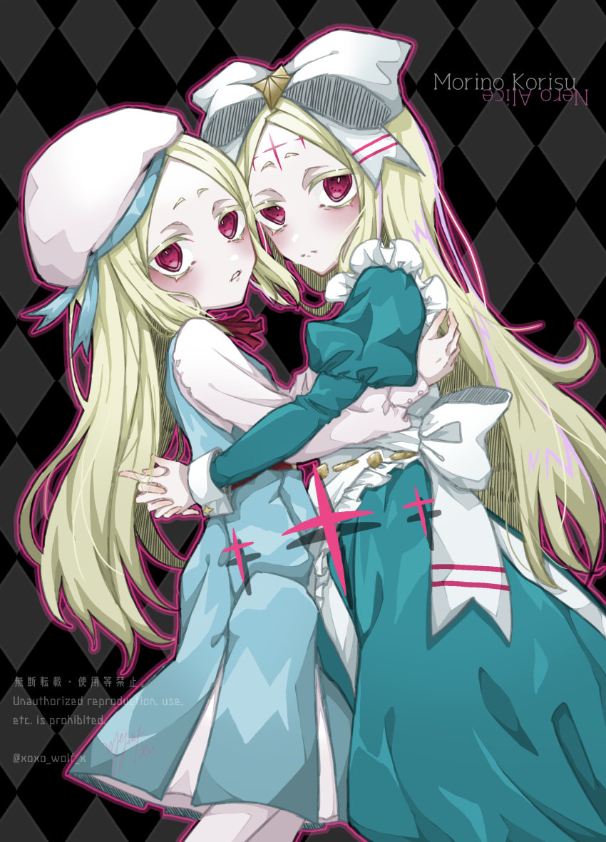 1girl absurdres apron argyle_background beret blonde_hair blue_dress closed_mouth dress expressionless flat_chest forehead_tattoo from_side hair_ribbon hat highres hug large_ribbon long_hair looking_at_viewer mahou_shoujo_ni_akogarete morino_korisu multiple_views nero_alice open_mouth pink_eyes ribbon shirt simple_background solo thick_eyelashes waist_ribbon white_apron white_ribbon white_shirt xxx_adutoplanet