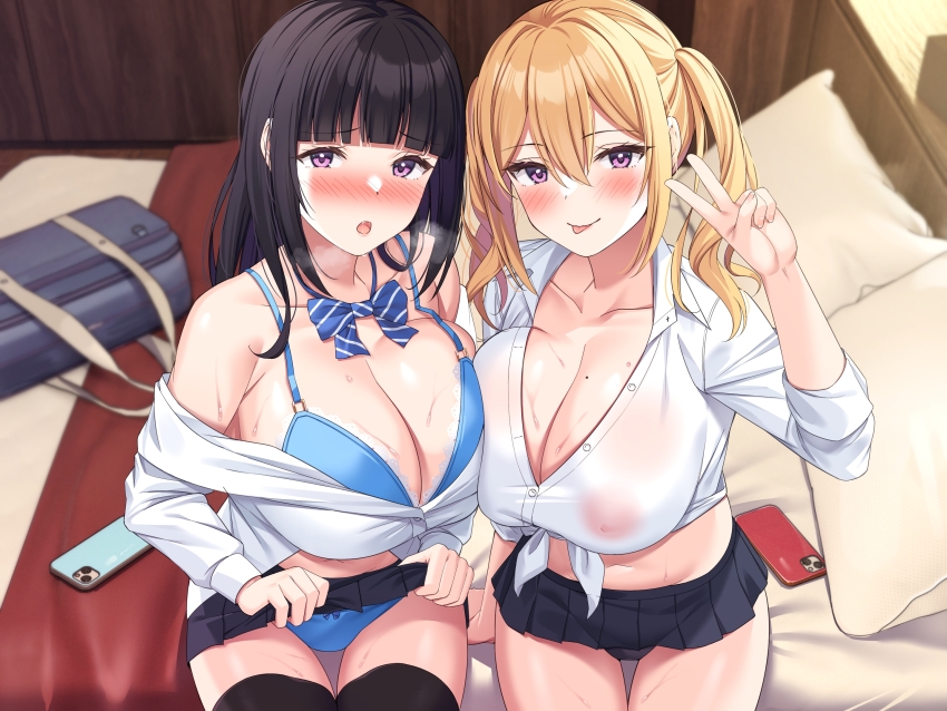 2girls :o bag black_hair black_panties black_skirt black_thighhighs blonde_hair blue_bra blue_panties blunt_bangs blush bra breasts cellphone cleavage clothes_lift collarbone collared_shirt hair_between_eyes highres hime_cut indoors large_breasts licking_lips long_sleeves miniskirt multiple_girls navel nipples no_bra non-web_source on_bed open_clothes open_mouth open_shirt original panties phone pillow pleated_skirt purple_eyes school_bag school_uniform see-through_clothes see-through_shirt shirt sitting skirt skirt_lift smartphone super_nagoyaka thighhighs tied_shirt tongue tongue_out twintails underwear v white_shirt