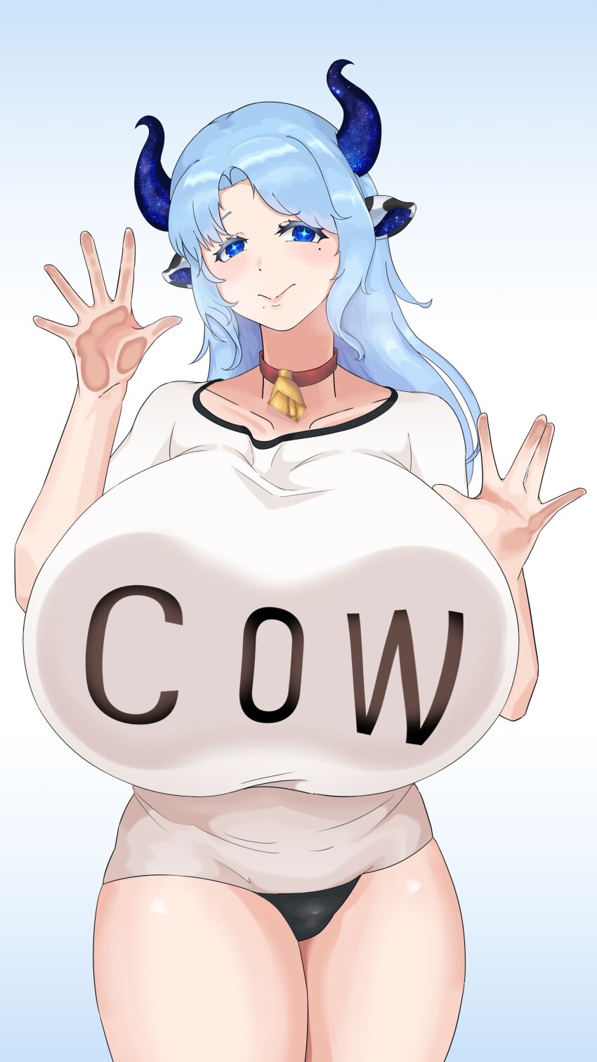 absurdres against_fourth_wall animal_ears bell black_panties blue_eyes blue_hair breasts collar cow_ears cow_girl cow_horns highres horns large_breasts looking_at_viewer miilkywayz mole mole_on_breast mole_under_eye panties shirt underwear virtual_youtuber white_shirt