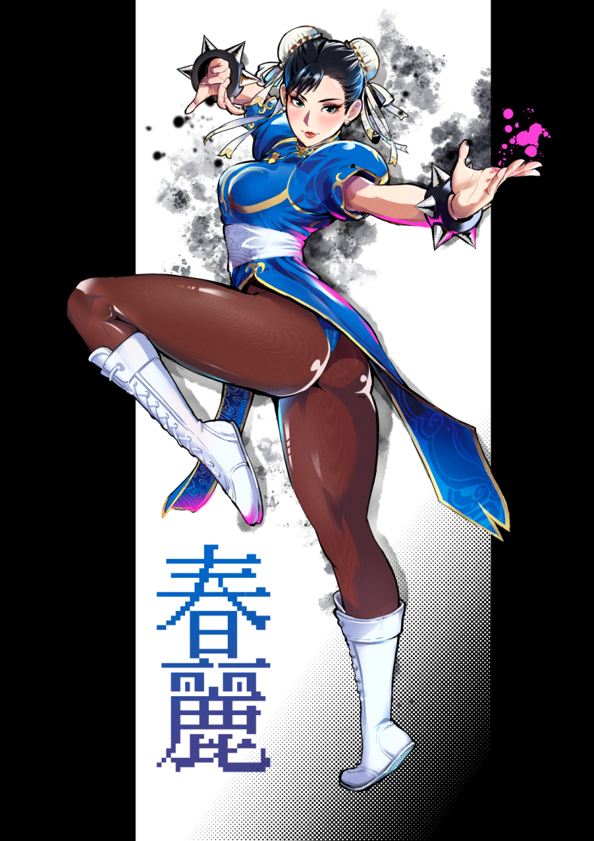 1girl ass black_hair blush boots bracelet breasts bun_cover capcom china_dress chinese_clothes chun-li closed_mouth commentary cross-laced_footwear double_bun dress earrings fer_yoshimiya fighting_stance full_body gold_trim grey_eyes hair_bun hair_ornament highres jewelry knee_boots lace-up_boots leg_up lips looking_at_viewer makeup medium_breasts pantyhose pelvic_curtain puffy_short_sleeves puffy_sleeves red_lips shiny_clothes shiny_skin short_sleeves simple_background skin_tight smile solo spiked_bracelet spikes street_fighter street_fighter_ii_(series) white_footwear