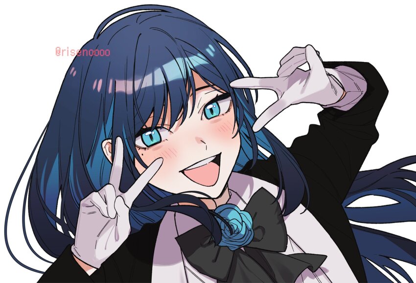 1girl ado_(utaite) black_bow black_bowtie blue_eyes blue_flower blue_hair blue_rose blush bow bowtie chando_(ado) colored_inner_hair commentary_request double_v flower flower_brooch gloves highres long_hair mole mole_under_eye multicolored_hair open_mouth riseno rose shirt simple_background solo teeth twitter_username upper_teeth_only utaite v white_background white_gloves white_shirt