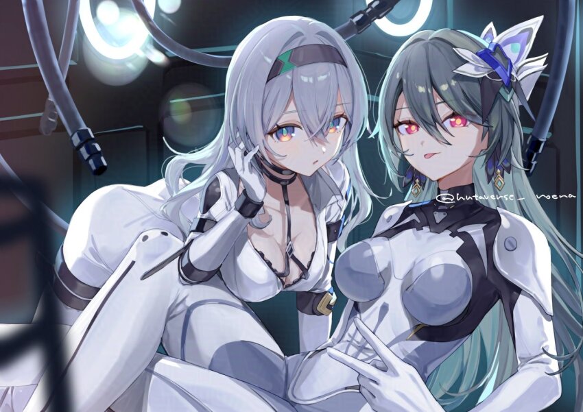 2girls ass bent_over black_hairband bodysuit breasts cleavage earrings firefly_(ar-26710)_(honkai:_star_rail) firefly_(honkai:_star_rail) grey_hair hair_ornament hairband honkai:_star_rail honkai_(series) honkai_impact_3rd jewelry large_breasts long_hair multiple_girls official_alternate_costume purple_eyes roena tongue tongue_out twitter_username two-tone_eyes v vita_(bodysuit)_(honkai_impact) vita_(honkai_impact) white_bodysuit