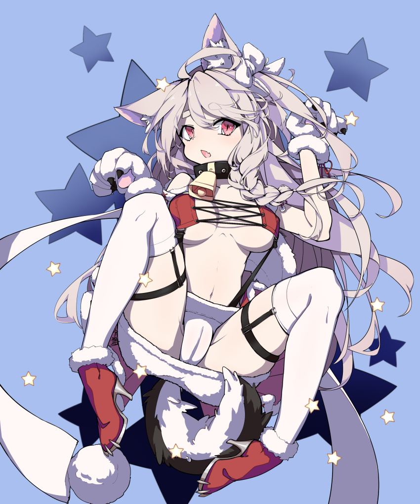 1girl absurdres animal_ear_fluff animal_ears animal_hands aqua_background azur_lane bandeau bell black_choker bow braid breasts choker christmas claw_pose claws clothing_cutout collar dog_ears eyelashes fang fur-trimmed_footwear fur-trimmed_skirt fur_trim gloves grey_hair hair_between_eyes hair_bow highres legwear_garter long_hair looking_at_viewer neck_bell official_alternate_costume open_mouth oppai_loli paw_gloves red_bandeau red_eyes red_ribbon ribbon short_eyebrows side_braid skin_fang skirt slit_pupils solo tail thick_eyebrows thighs tongue under_shot underboob white_bow wolf_ears wolf_girl wolf_tail yu_su_(moziki) yuudachi_(azur_lane) yuudachi_(woofy_floofy_christmas_night)_(azur_lane)