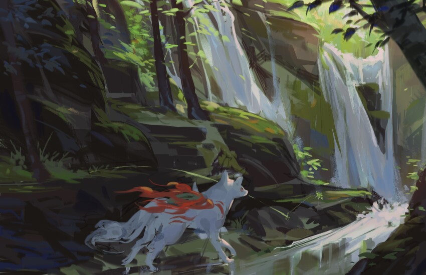 amaterasu_(ookami) commentary fire highres kaneblob ookami_(game) outdoors rock tree water waterfall white_fur wolf