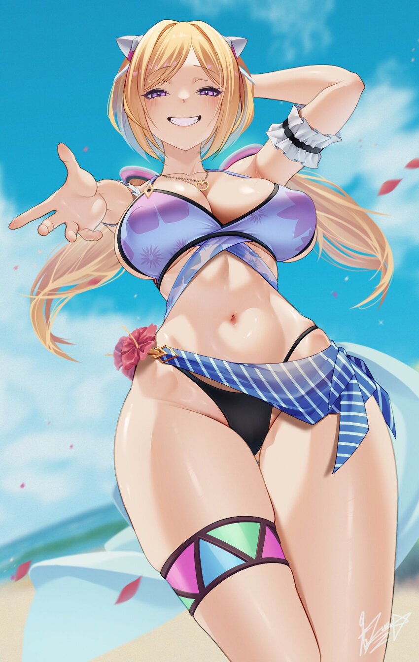 1girl aki_rosenthal arm_behind_head beach bikini black_bikini blonde_hair blue_sky blurry blurry_background breasts commentary_request detached_hair grin hakua_(hka_art) headgear heart heart_necklace highleg highleg_bikini highres hololive jewelry large_breasts long_hair looking_at_viewer low_twintails mismatched_bikini navel necklace ocean outdoors parted_bangs purple_bikini purple_eyes reaching reaching_towards_viewer sarong signature sky smile solo swimsuit twintails virtual_youtuber