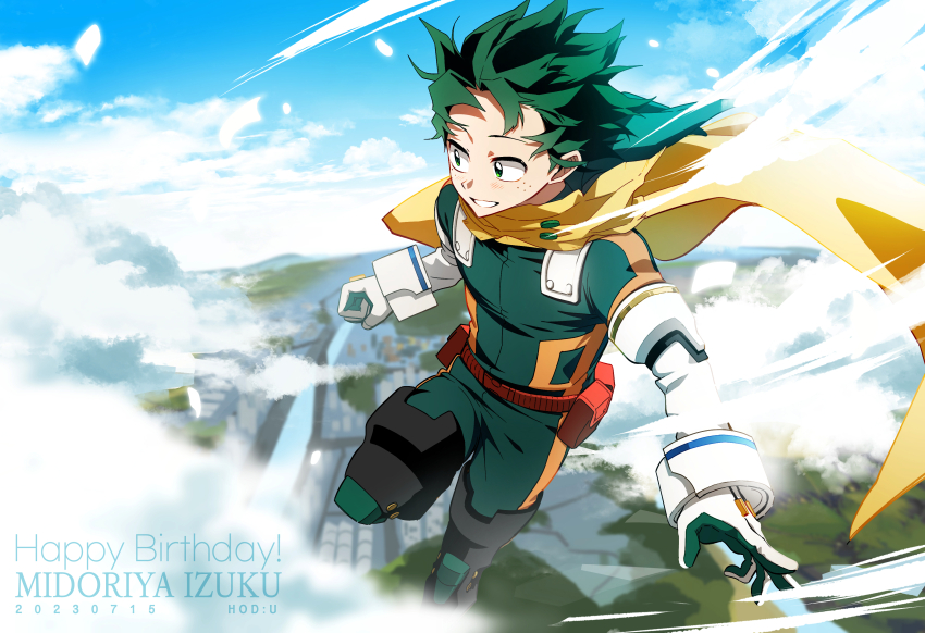 1boy absurdres anime_coloring artist_name belt belt_pouch birthday bloom blue_sky blurry blurry_foreground blush bodysuit boku_no_hero_academia buckle cape character_name city cityscape clenched_hand cloud cloudy_sky day floating_cape floating_clothes floating_hair flying foot_out_of_frame foreground_text freckles gloves green_bodysuit green_eyes green_gloves green_hair hands_up happy_birthday highres hodu_(hodumha) looking_ahead male_focus midoriya_izuku official_alternate_costume outdoors outstretched_arm pouch red_belt river short_hair sky smile snap-fit_buckle solo spoilers three_quarter_view timestamp two-tone_bodysuit utility_belt white_gloves yellow_cape