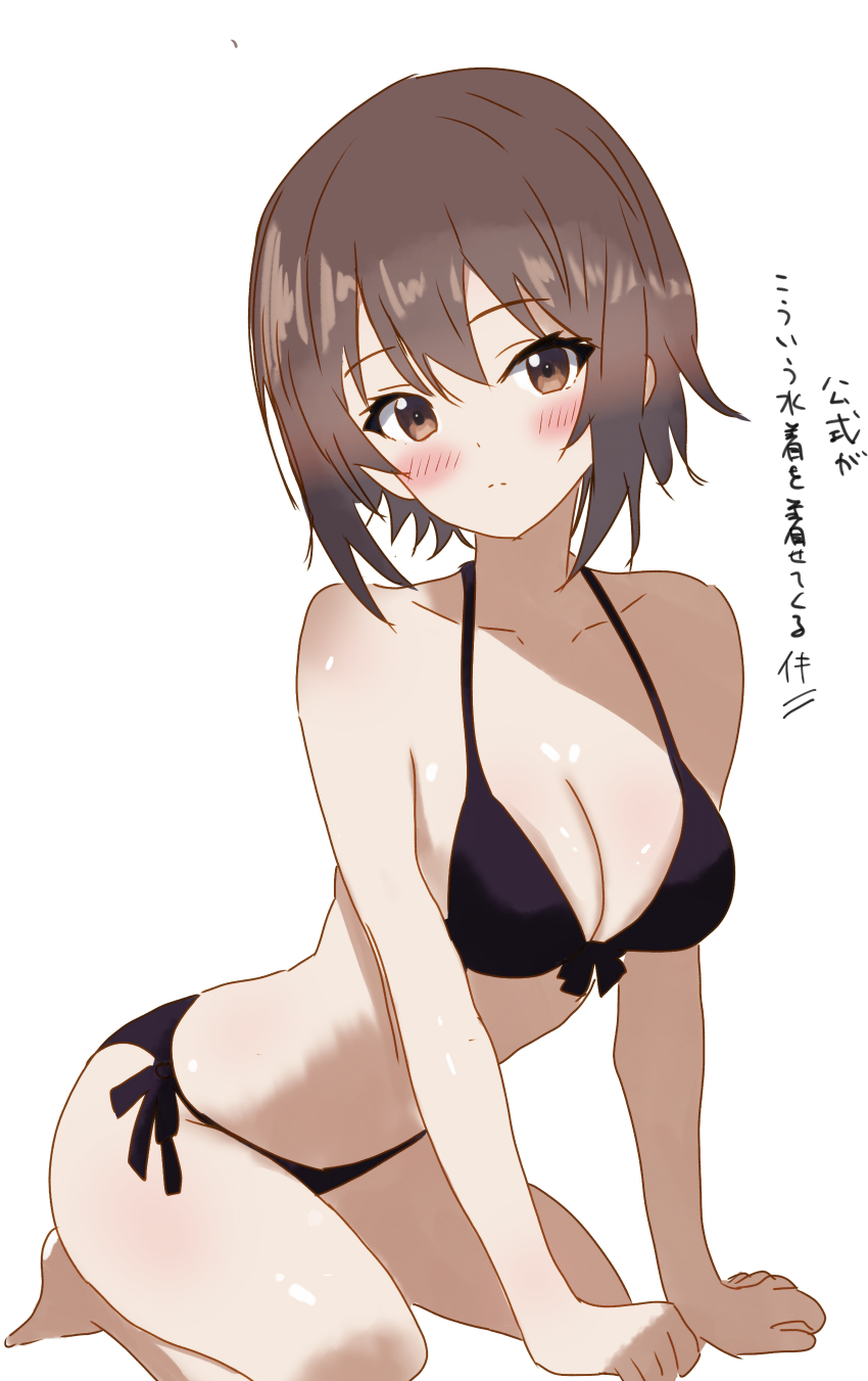 1girl absurdres bikini black_bikini breasts brown_eyes brown_hair cleavage commentary_request front-tie_bikini_top front-tie_top girls_und_panzer halterneck highres kneeling medium_breasts nishizumi_maho short_hair side-tie_bikini_bottom simple_background sinri_neko solo string_bikini swimsuit white_background