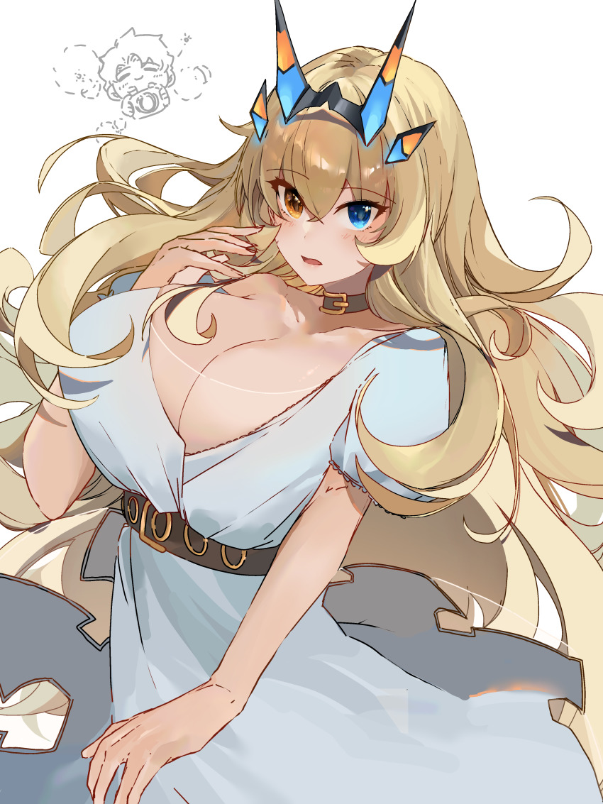 1boy 1girl absurdres anmochi_mochi barghest_(dream_portrait)_(fate) barghest_(fate) belt blonde_hair blush breasts chibi cleavage collar collarbone dress fate/grand_order fate_(series) fujimaru_ritsuka_(male) green_eyes heterochromia highres horns huge_breasts long_hair looking_at_viewer open_mouth red_eyes short_sleeves underbust white_dress