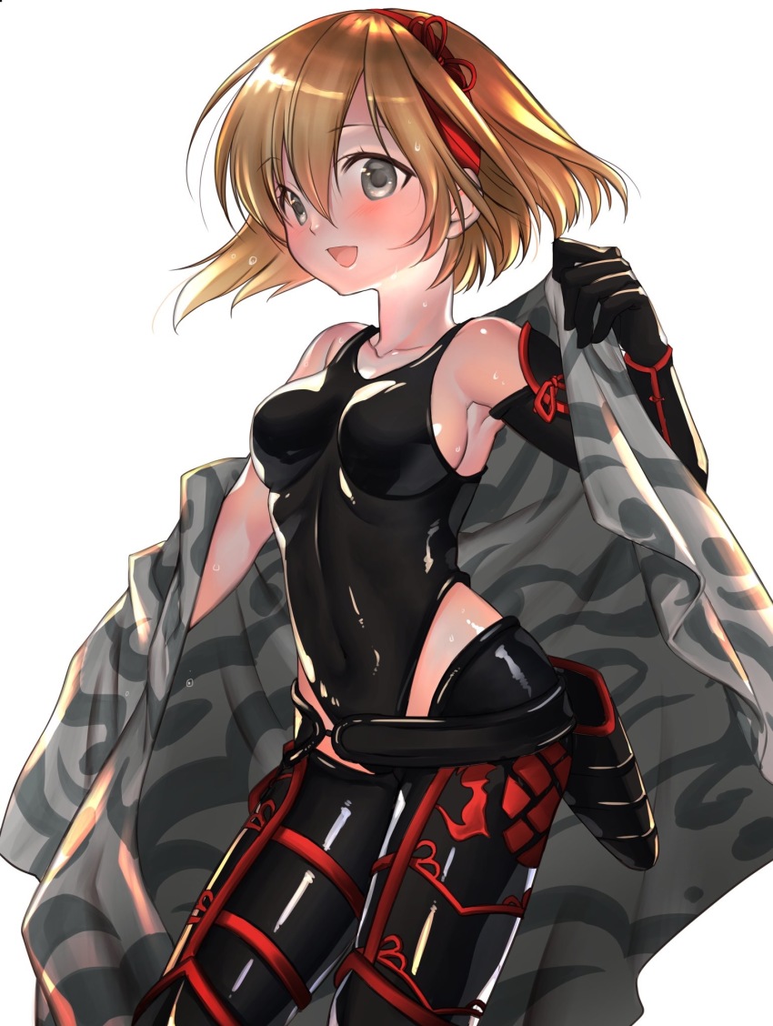 1girl :d alternate_costume armor armpit_peek bad_id bad_pixiv_id bare_shoulders belt black_belt black_gloves black_leotard black_pants blonde_hair blush breasts collarbone contrapposto covered_navel djeeta_(granblue_fantasy) elbow_gloves female_focus floating_hair gloves granblue_fantasy greaves grey_eyes gunslinger_(granblue_fantasy) hair_between_eyes hair_ribbon hairband hand_up highleg highleg_leotard highres holding holster impossible_clothes impossible_leotard latex leotard looking_at_viewer medium_breasts open_mouth over_shoulder pants red_hairband red_ribbon ribbon shiny_clothes shiny_skin short_hair sideboob simple_background single_elbow_glove skin_tight smile solo standing sweat water_drop white_background yuitanpo