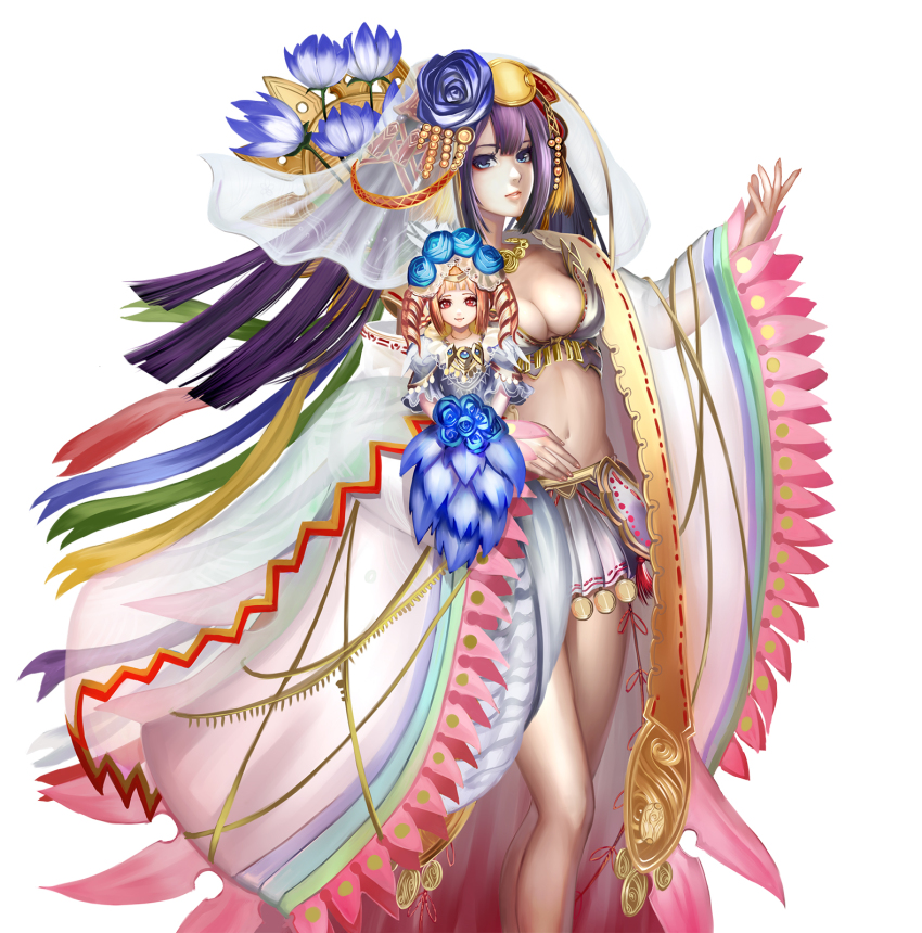 2girls bare_legs breasts capcom cleavage eyeshadow flower hair_flower hair_ornament highres konishi_maria large_breasts long_hair makeup mini_person minigirl miniskirt multiple_girls onimusha_soul purple_hair ribbon rose sengoku_musou skirt veil