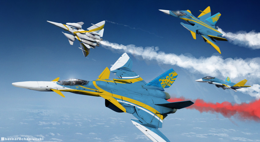 absurdres aircraft airplane blue_sky canards cloud commentary contrail english_commentary fighter_jet fleet flying highres jet military military_vehicle original pilot realistic science_fiction signature sky thrusters uzuki vehicle_focus